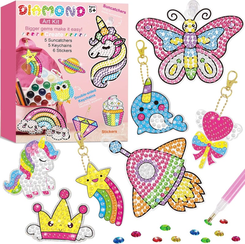 BANBBUR 16 Pcs Gem Art for Kids Age 4-8 8-12,Kids Crafts 5D Gem Diamond Art Kit with 5 Suncatchers/5 Keychains/6 Magical Stickers,Painting Art Crafts for Christmas - Image 1
